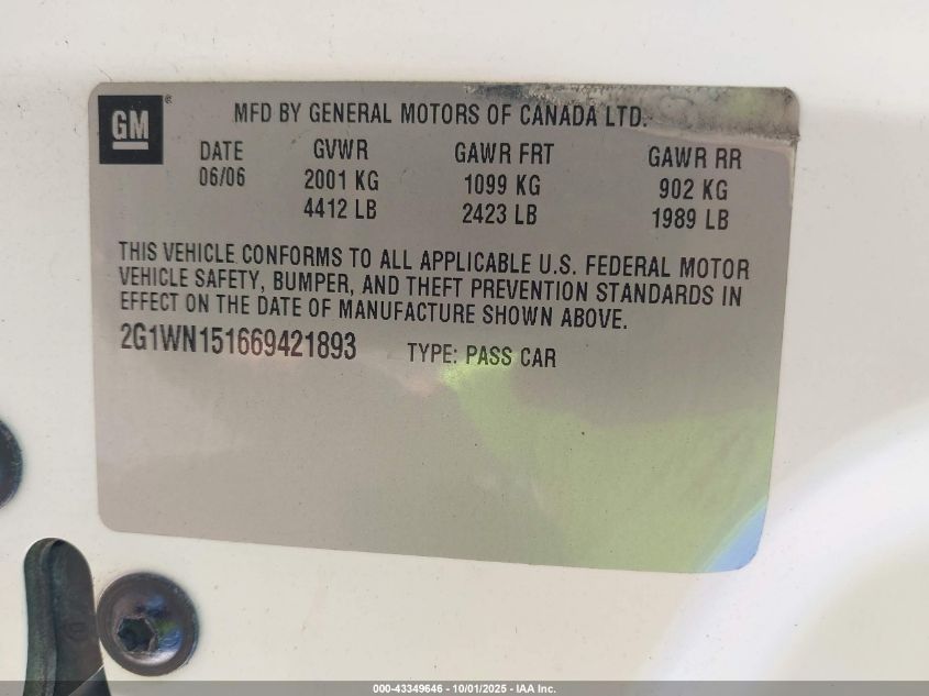 2006 Chevrolet Monte Carlo Ltz VIN: 2G1WN151669421893 Lot: 43349646