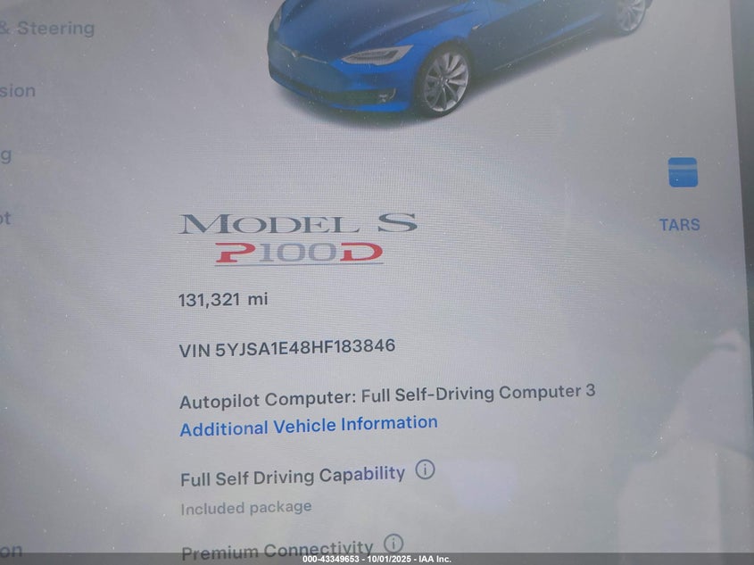 2017 Tesla Model S 100D/60D/75D/90D/P100D VIN: 5YJSA1E48HF183846 Lot: 43349653