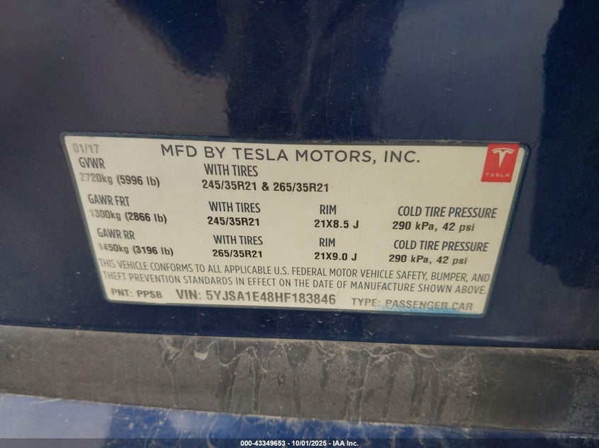 2017 Tesla Model S 100D/60D/75D/90D/P100D VIN: 5YJSA1E48HF183846 Lot: 43349653