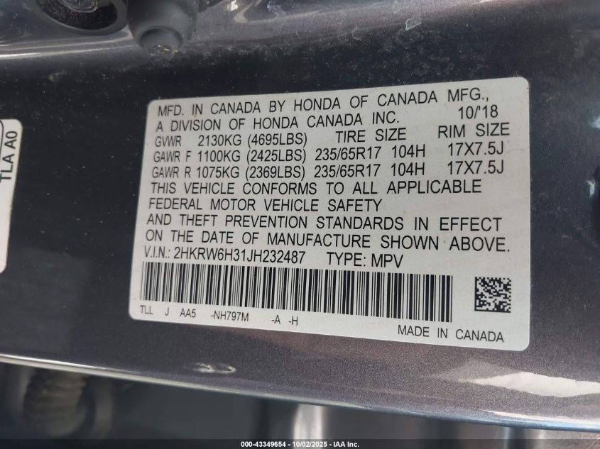 2018 Honda Cr-V Lx VIN: 2HKRW6H31JH232487 Lot: 43349654