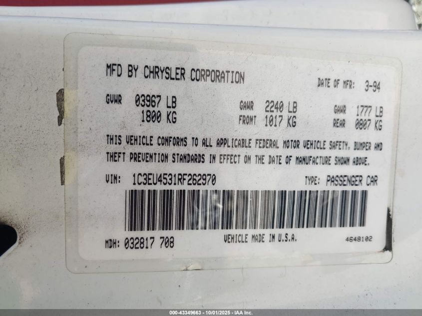 1994 Chrysler Lebaron Gtc/Lx VIN: 1C3EU4531RF262970 Lot: 43349663