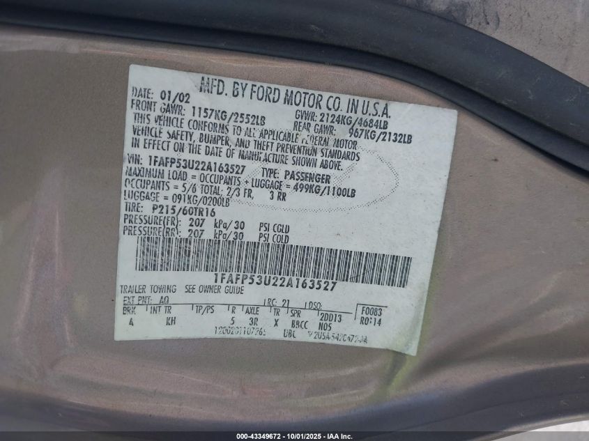 2002 Ford Taurus Se VIN: 1FAFP53U22A163527 Lot: 43349672