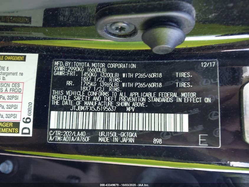 2018 Lexus Gx 460 VIN: JTJBM7FX5J5195637 Lot: 43349679