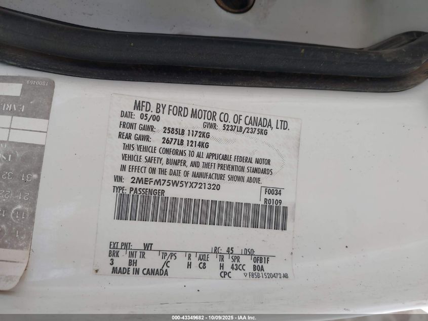 2000 Mercury Grand Marquis Ls VIN: 2MEFM75W5YX721320 Lot: 43349682