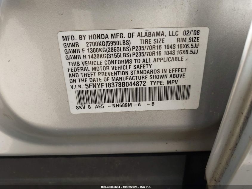 2008 Honda Pilot Se VIN: 5FNYF18378B044872 Lot: 43349694