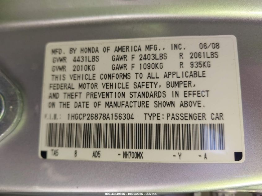 2008 Honda Accord 2.4 Ex-L VIN: 1HGCP26878A156304 Lot: 43349696