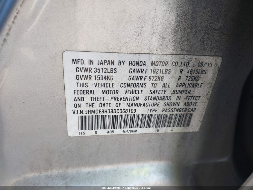 2013 Honda Fit VIN: JHMGE8H38DC068109 Lot: 43349698