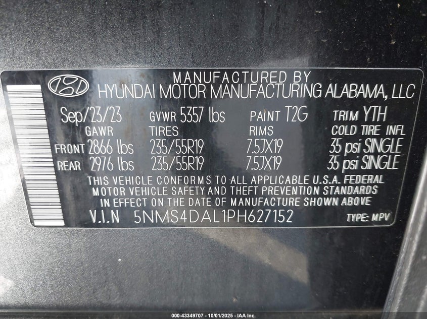 2023 Hyundai Santa Fe Limited VIN: 5NMS4DAL1PH627152 Lot: 43349707