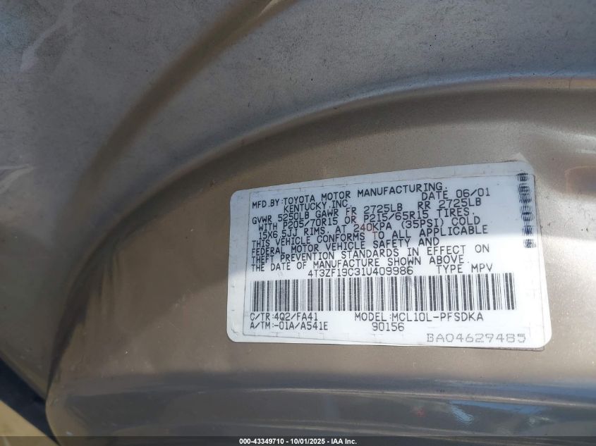 2001 Toyota Sienna Ce VIN: 4T3ZF19C31U409986 Lot: 43349710