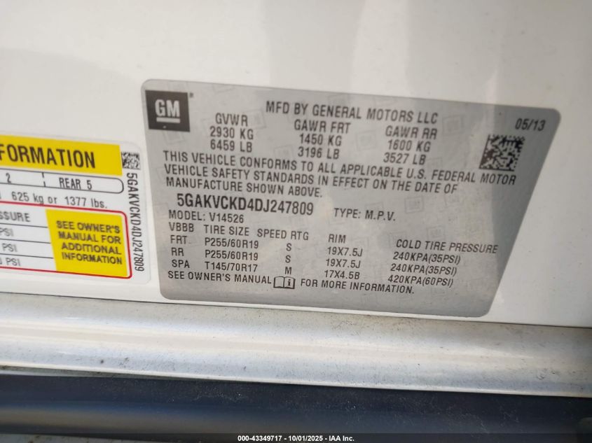 2013 Buick Enclave Leather VIN: 5GAKVCKD4DJ247809 Lot: 43349717