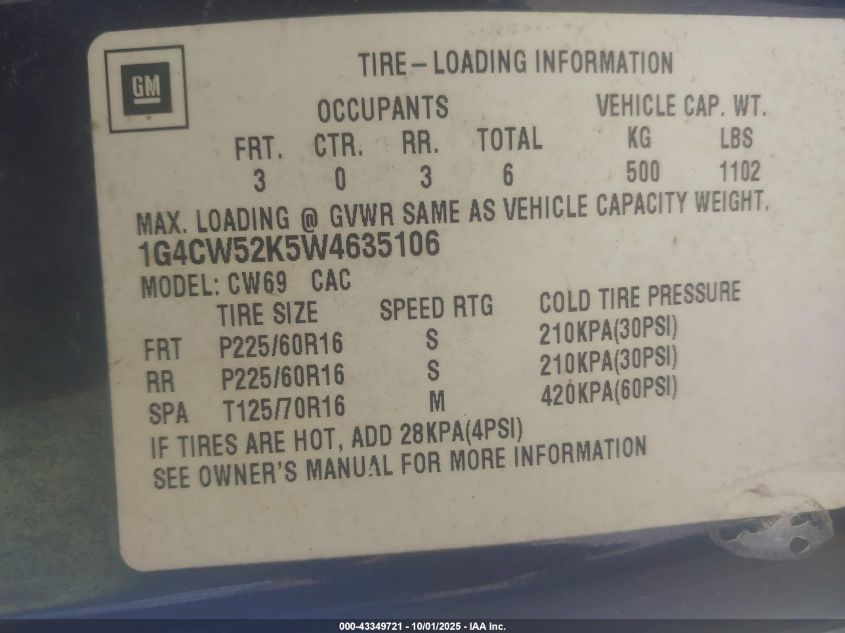 1998 Buick Park Avenue VIN: 1G4CW52K5W4635106 Lot: 43349721