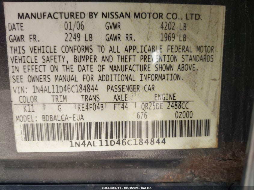 2006 Nissan Altima 2.5 S VIN: 1N4AL11D46C184844 Lot: 43349741