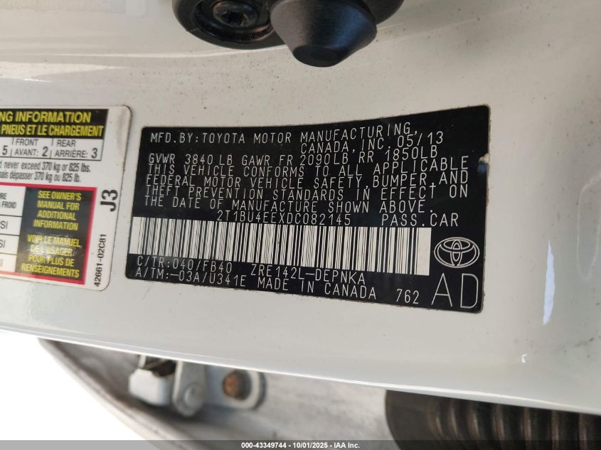 2013 Toyota Corolla Le VIN: 2T1BU4EEXDC082145 Lot: 43349744