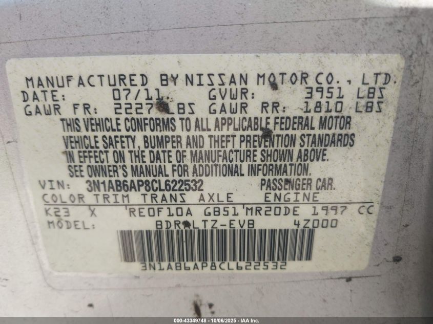 2012 Nissan Sentra 2.0 Sr VIN: 3N1AB6AP8CL622532 Lot: 43349748