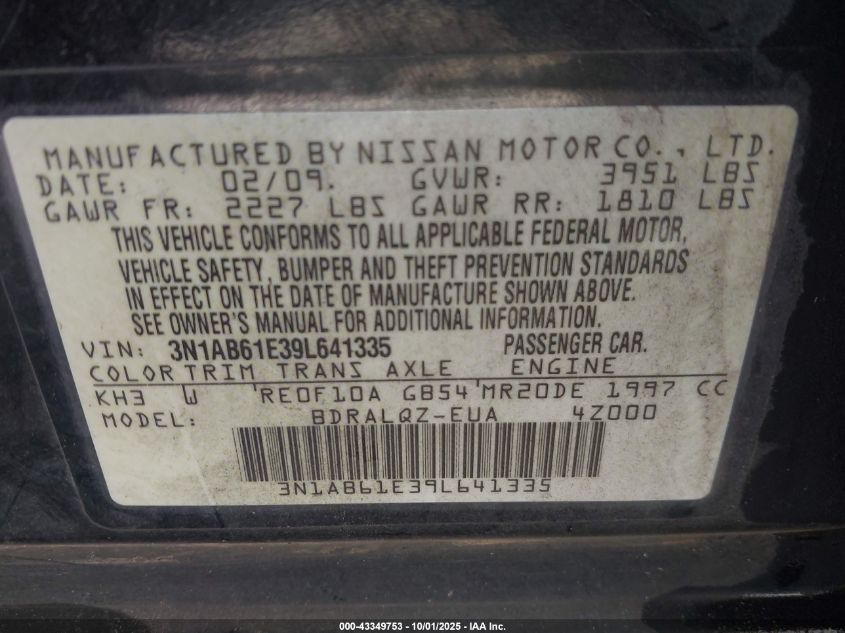2009 Nissan Sentra 2.0 VIN: 3N1AB61E39L641335 Lot: 43349753