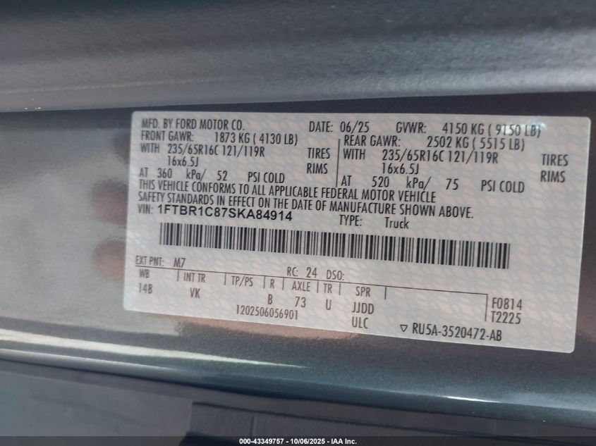 2025 Ford Transit-250 VIN: 1FTBR1C87SKA84914 Lot: 43349757
