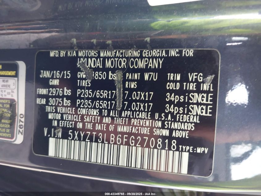 2015 Hyundai Santa Fe Sport 2.4L VIN: 5XYZT3LB6FG270818 Lot: 43349765