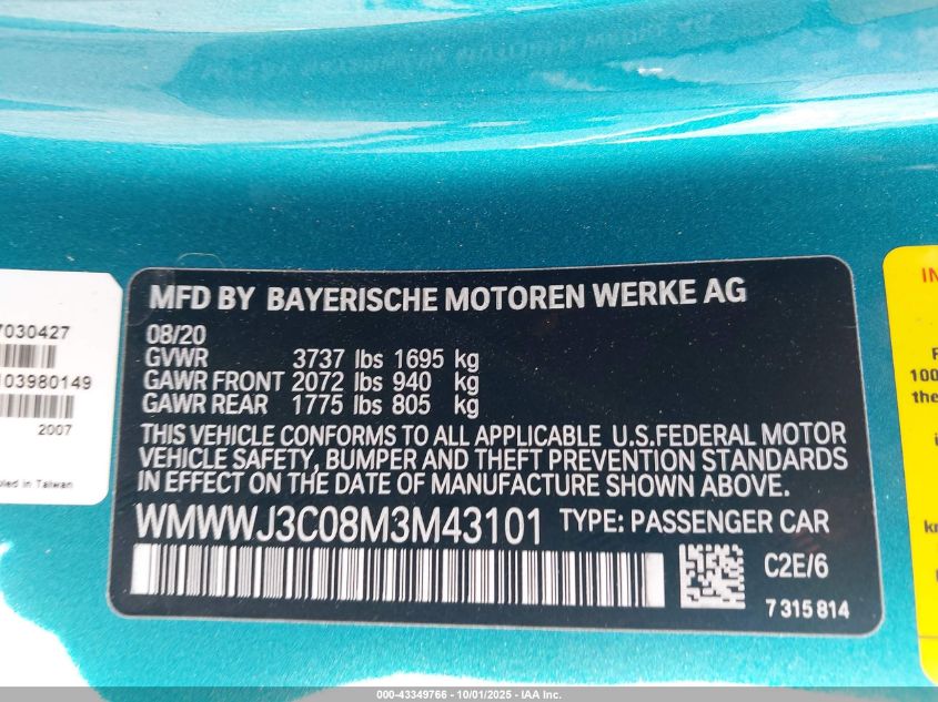 2021 Mini Convertible Cooper VIN: WMWWJ3C08M3M43101 Lot: 43349766