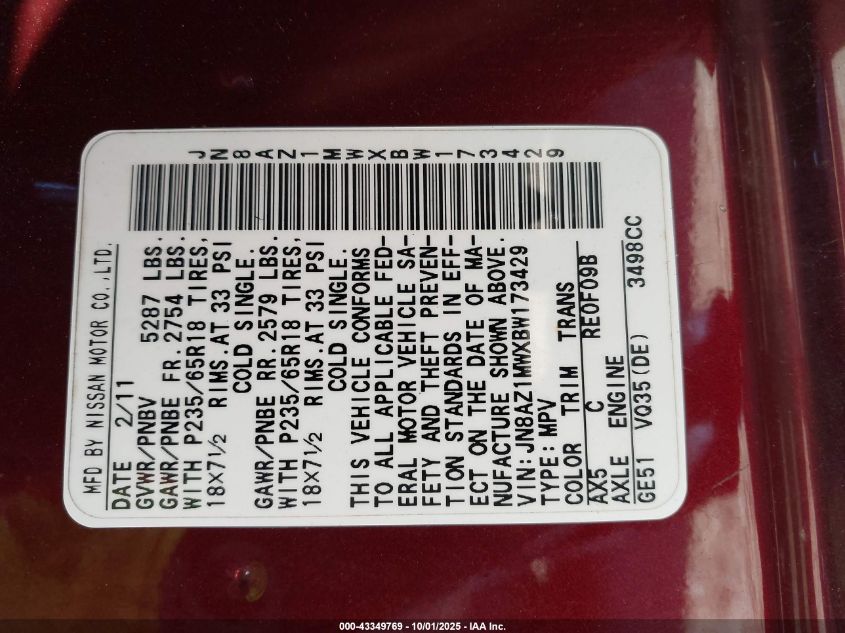 2011 Nissan Murano Sl VIN: JN8AZ1MWXBW173429 Lot: 43349769