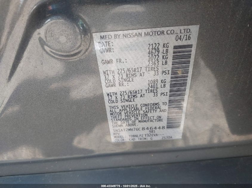 2016 Nissan Rogue S VIN: 5N1AT2MV7GC846448 Lot: 43349775