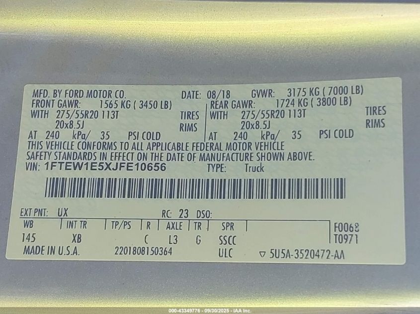 2018 Ford F-150 Xlt VIN: 1FTEW1E5XJFE10656 Lot: 43349776