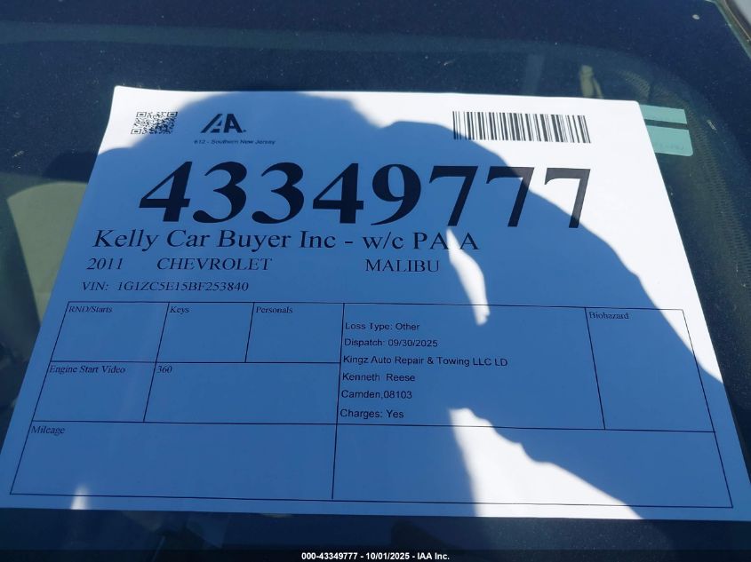 2011 Chevrolet Malibu 1Lt VIN: 1G1ZC5E15BF253840 Lot: 43349777