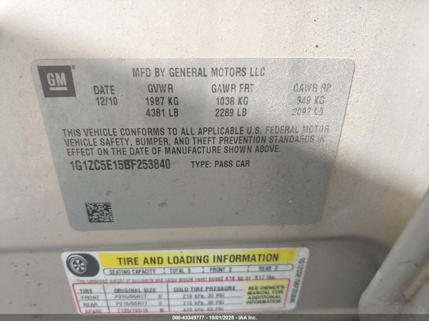 2011 Chevrolet Malibu 1Lt VIN: 1G1ZC5E15BF253840 Lot: 43349777