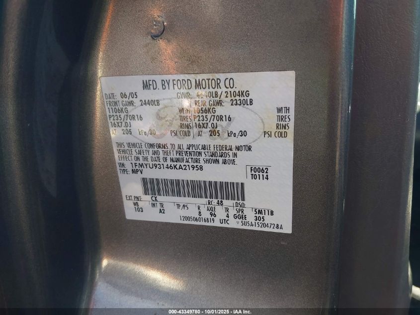 2006 Ford Escape VIN: 1FMYU93146KA21958 Lot: 43349780