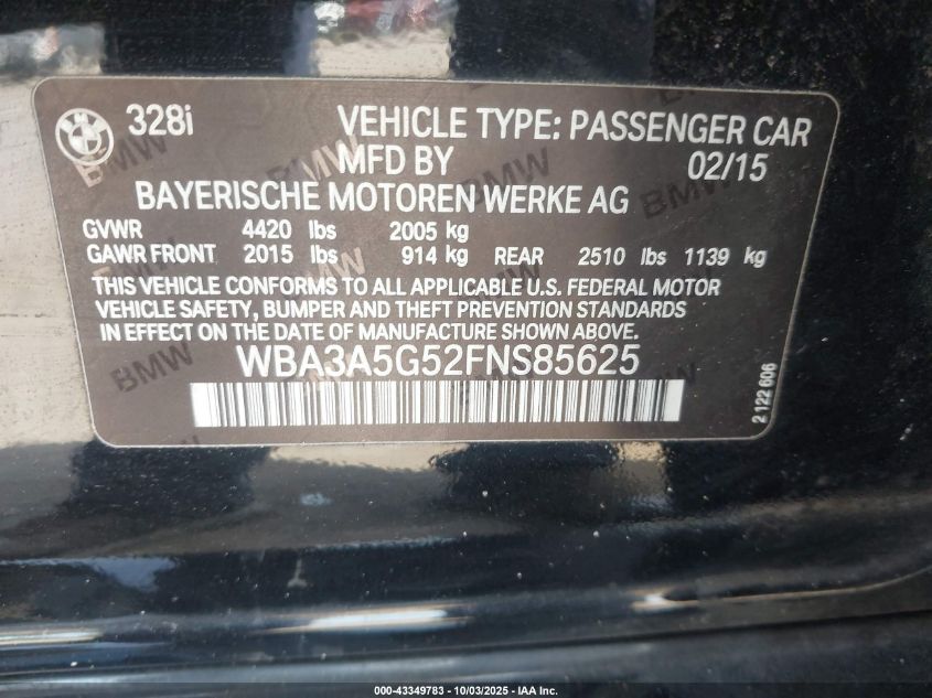 2015 BMW 328I VIN: WBA3A5G52FNS85625 Lot: 43349783