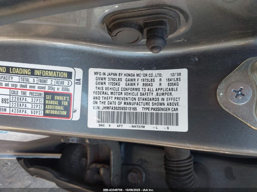 2009 Honda Civic Hybrid VIN: JHMFA36259S013165 Lot: 43349786