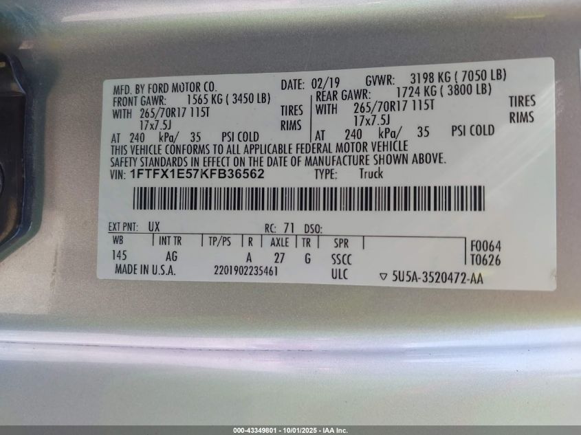 2019 Ford F-150 Xl VIN: 1FTFX1E57KFB36562 Lot: 43349801