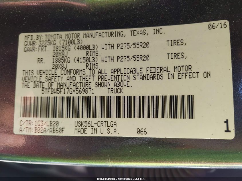 2016 Toyota Tundra Limited 5.7L V8 VIN: 5TFBW5F17GX569871 Lot: 43349804