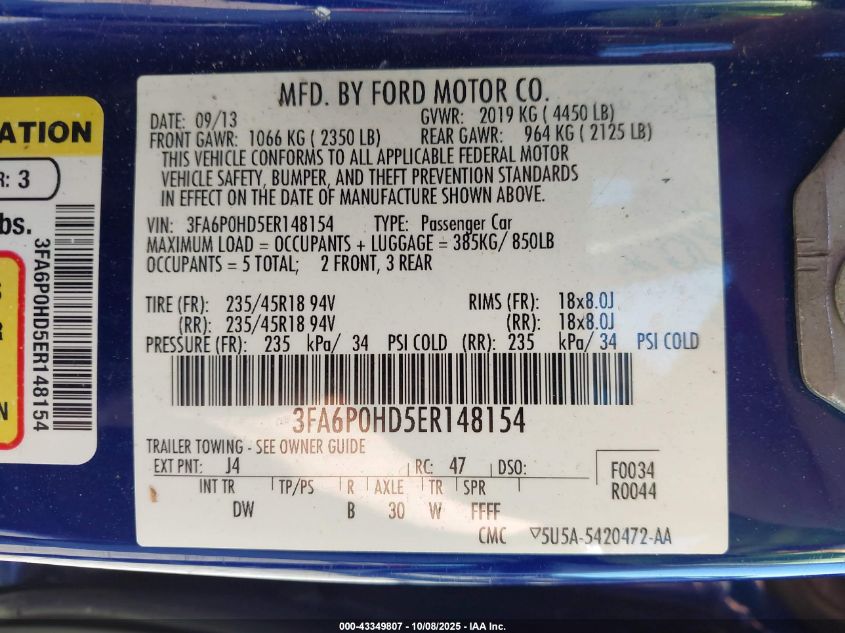 2014 Ford Fusion Se VIN: 3FA6P0HD5ER148154 Lot: 43349807