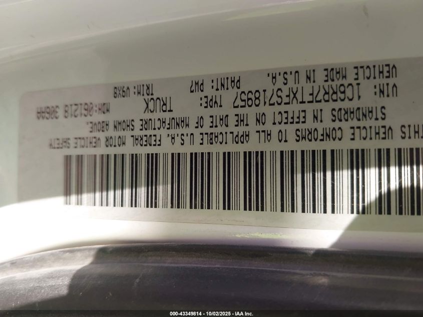 2015 Ram 1500 Tradesman VIN: 1C6RR7FTXFS718957 Lot: 43349814