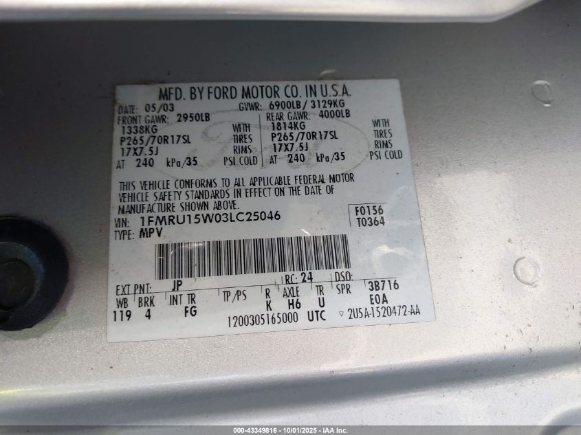 2003 Ford Expedition Xlt VIN: 1FMRU15W03LC25046 Lot: 43349816