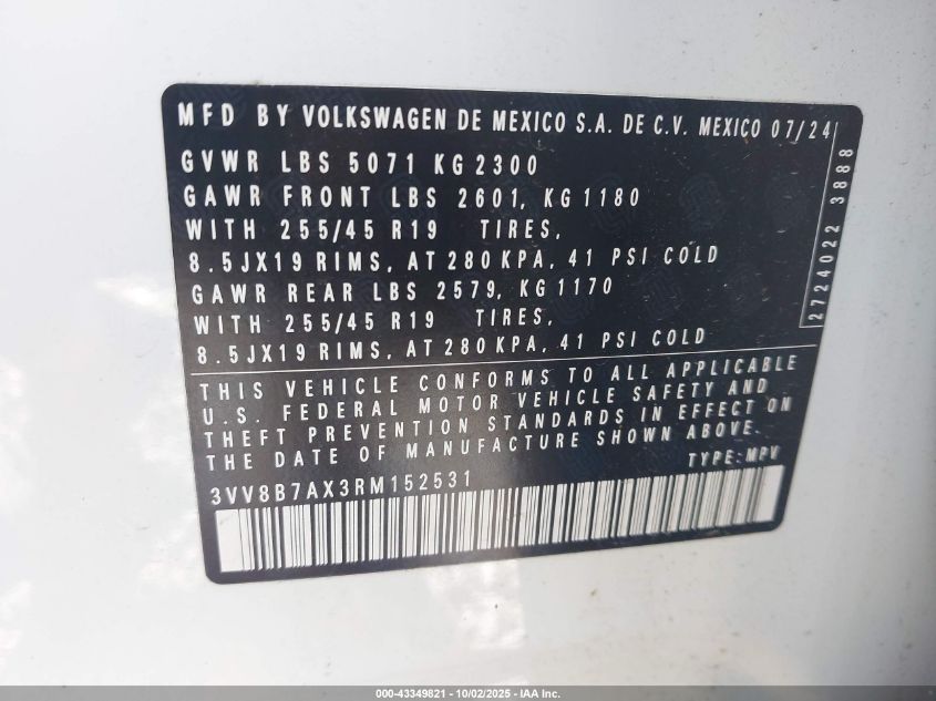 2024 Volkswagen Tiguan 2.0T Se R-Line Black VIN: 3VV8B7AX3RM152531 Lot: 43349821