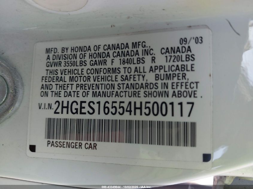 2004 Honda Civic Lx VIN: 2HGES16554H500117 Lot: 43349844
