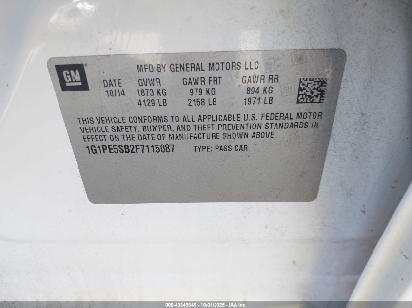 2015 Chevrolet Cruze 2Lt Auto VIN: 1G1PE5SB2F7115087 Lot: 43349849