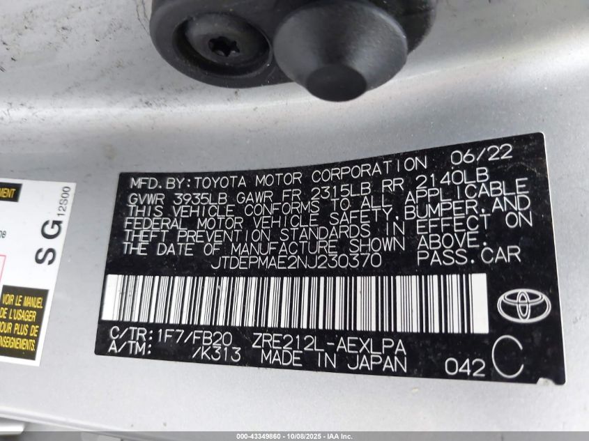 2022 Toyota Corolla Le VIN: JTDEPMAE2NJ230370 Lot: 43349860