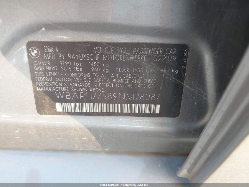 2009 BMW 328I VIN: WBAPH77589NM28087 Lot: 43349869
