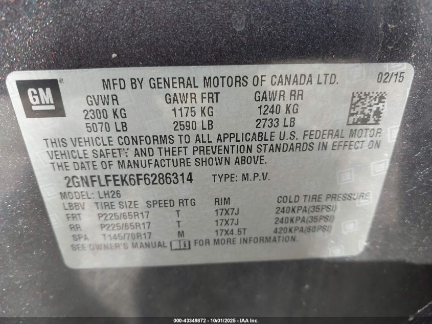 2015 Chevrolet Equinox 1Lt VIN: 2GNFLFEK6F6286314 Lot: 43349872