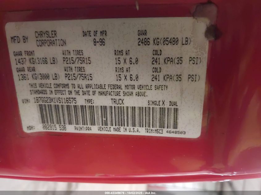 1997 Dodge Dakota Slt/Sport VIN: 1B7GG23X1VS116575 Lot: 43349876