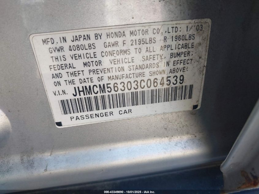 2003 Honda Accord 2.4 Lx VIN: JHMCM56303C064539 Lot: 43349890