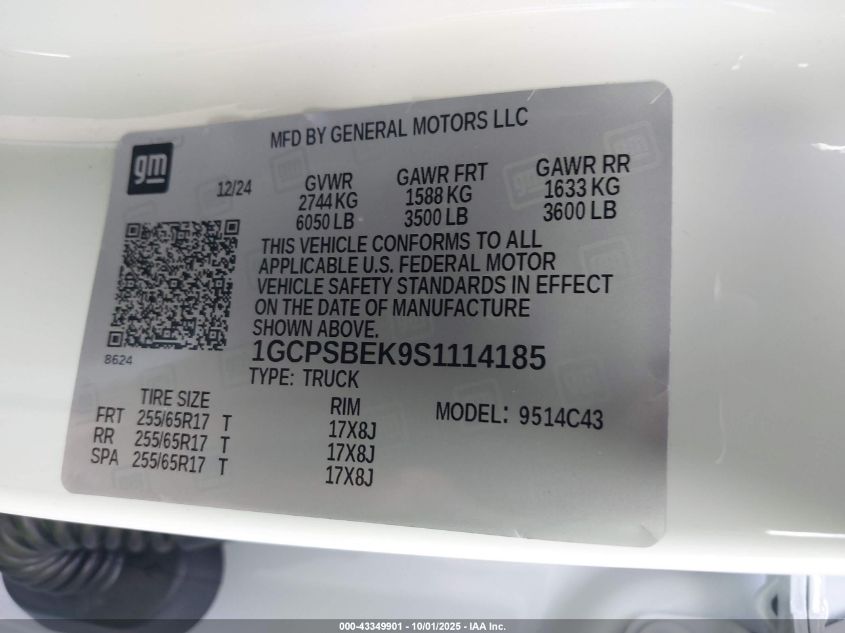 2025 Chevrolet Colorado 2Wd Wt VIN: 1GCPSBEK9S1114185 Lot: 43349901