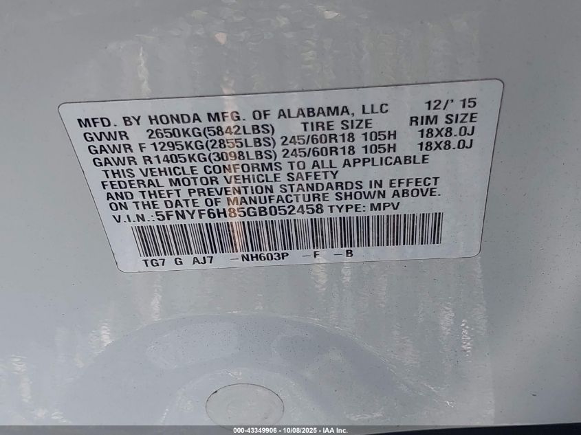 2016 Honda Pilot Ex-L VIN: 5FNYF6H85GB052458 Lot: 43349906