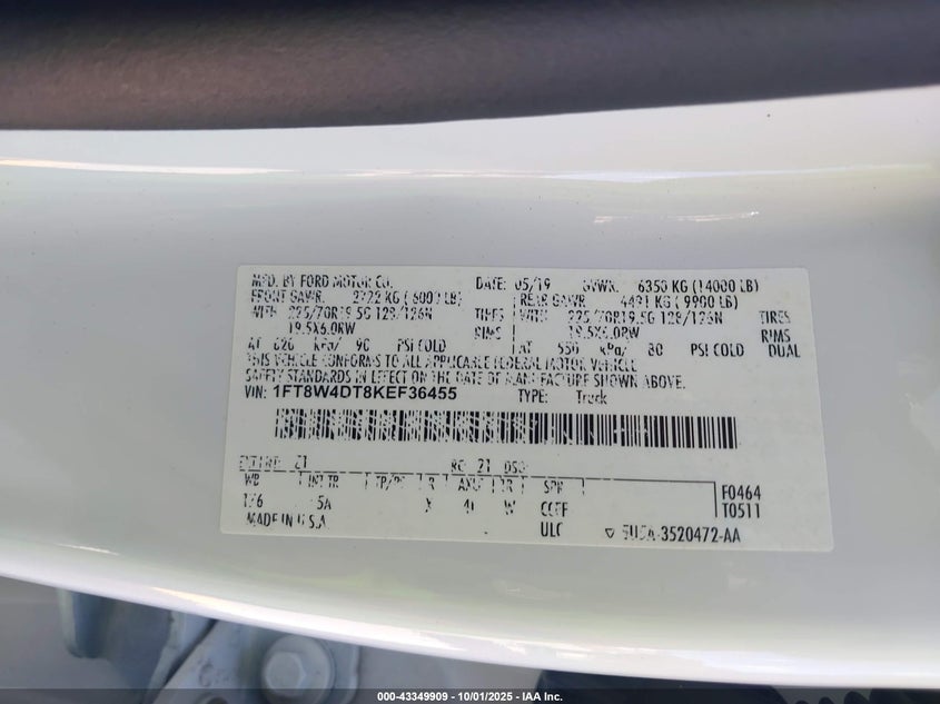 2019 Ford F-450 Lariat VIN: 1FT8W4DT8KEF36455 Lot: 43349909