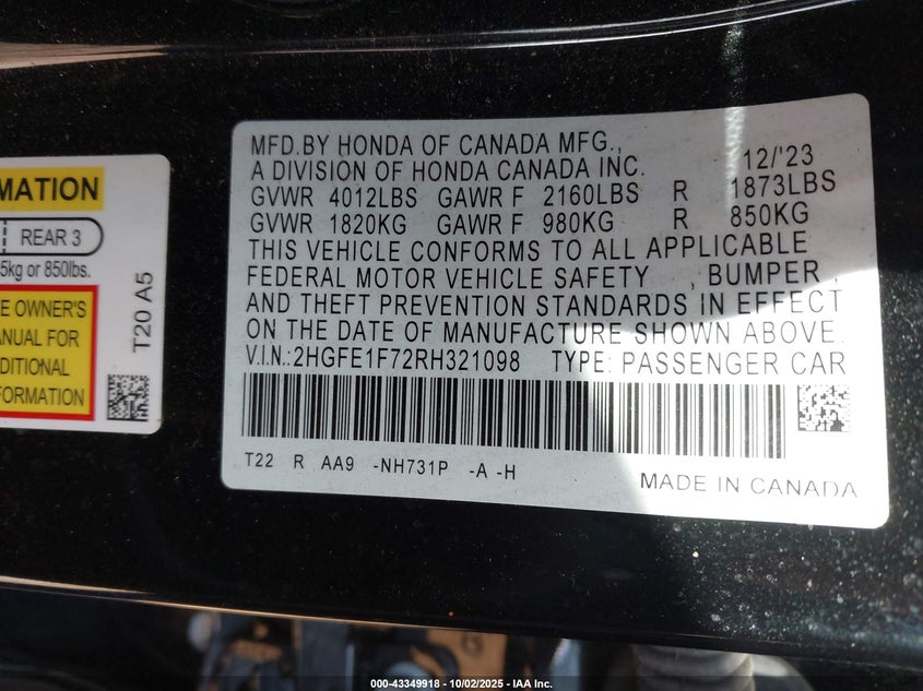 2024 HONDA CIVIC EX - 2HGFE1F72RH321098