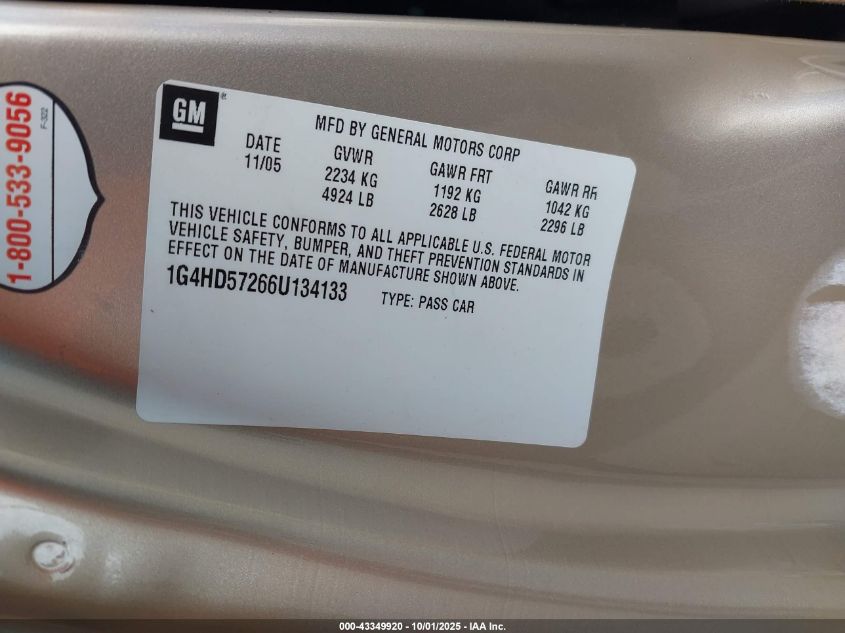 2006 Buick Lucerne Cxl VIN: 1G4HD57266U134133 Lot: 43349920