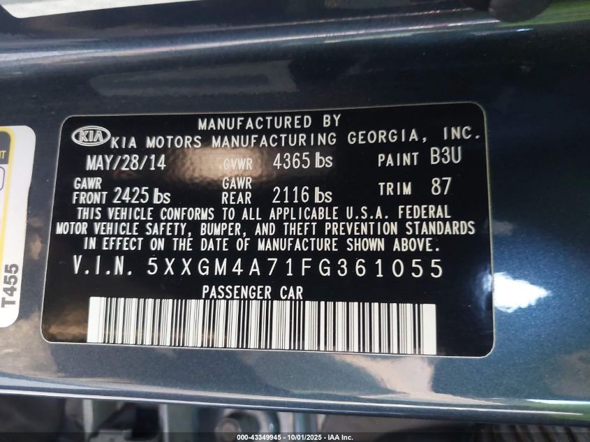 2015 Kia Optima Lx VIN: 5XXGM4A71FG361055 Lot: 43349945