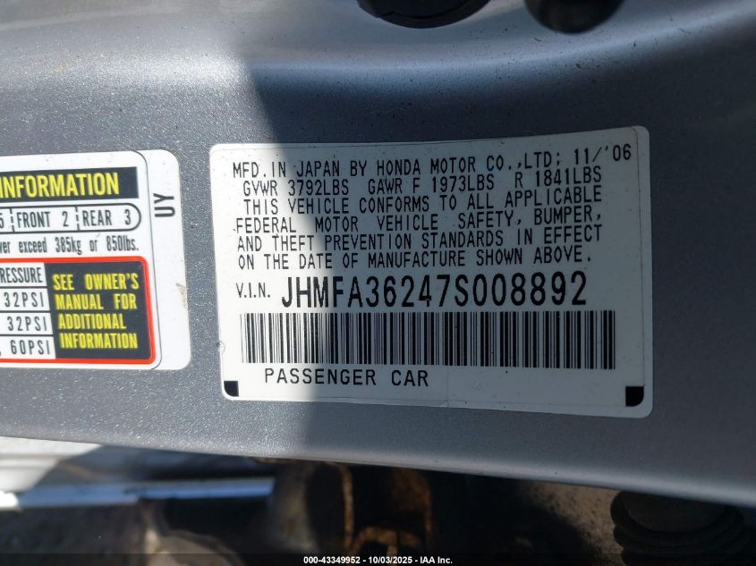 2007 Honda Civic Hybrid VIN: JHMFA36247S008892 Lot: 43349952